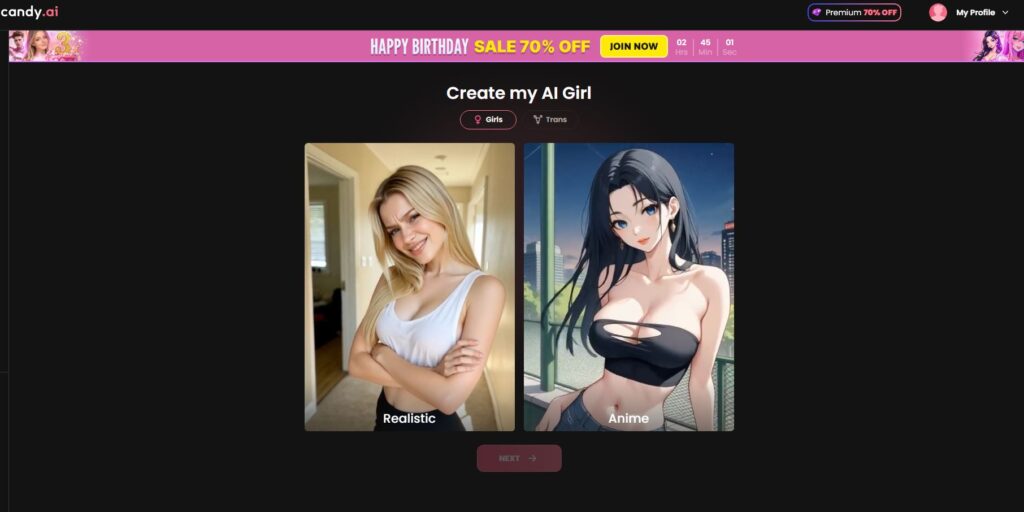 Create Character section on Candy AI