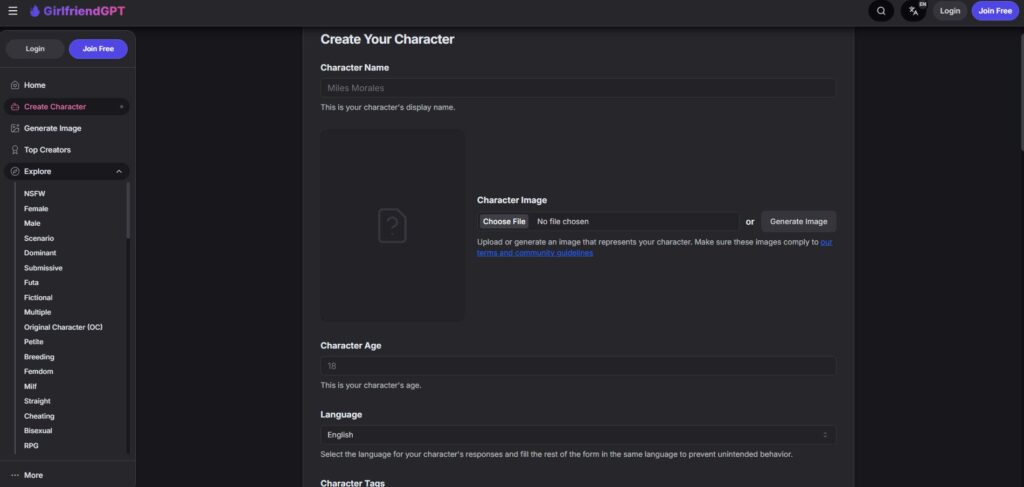 GirlfriendGPT character creation tools
