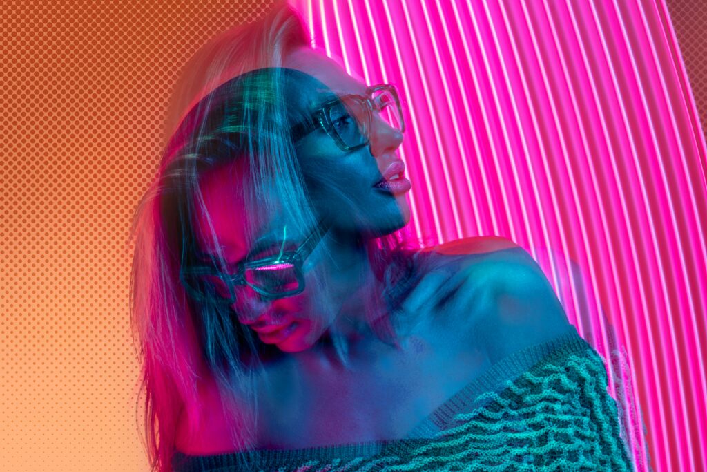 Distorted neon portrait with digital glitch effect