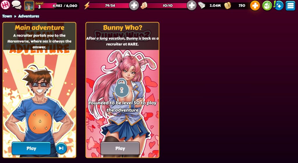 Hentai Heroes adventure progression screen