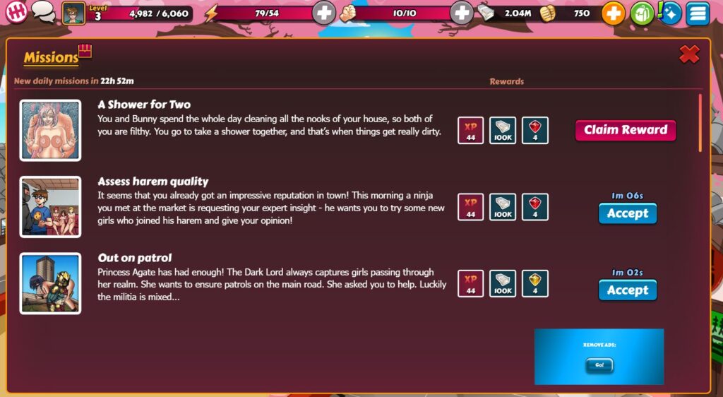 Daily missions and rewards in Hentai Heroes