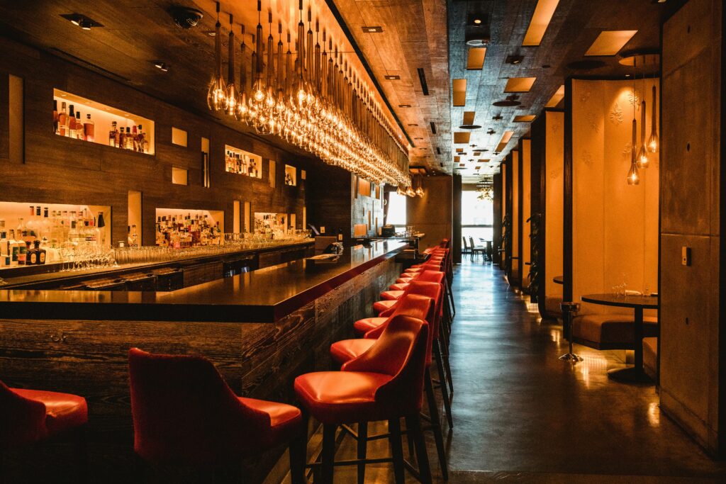 Luxury bar interior with warm lighting
