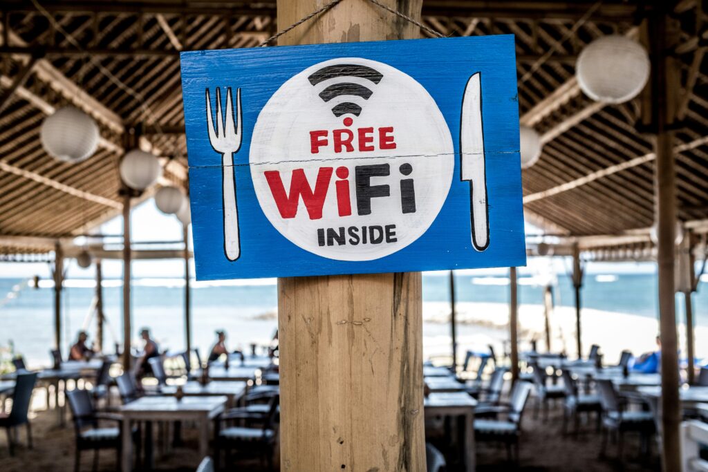 Free WiFi sign inside a restaurant
