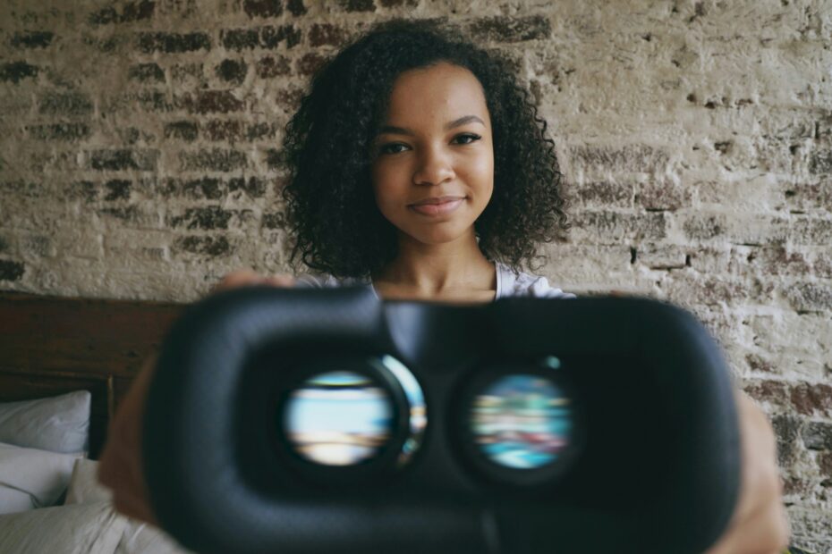 Woman seen through a VR headset at home