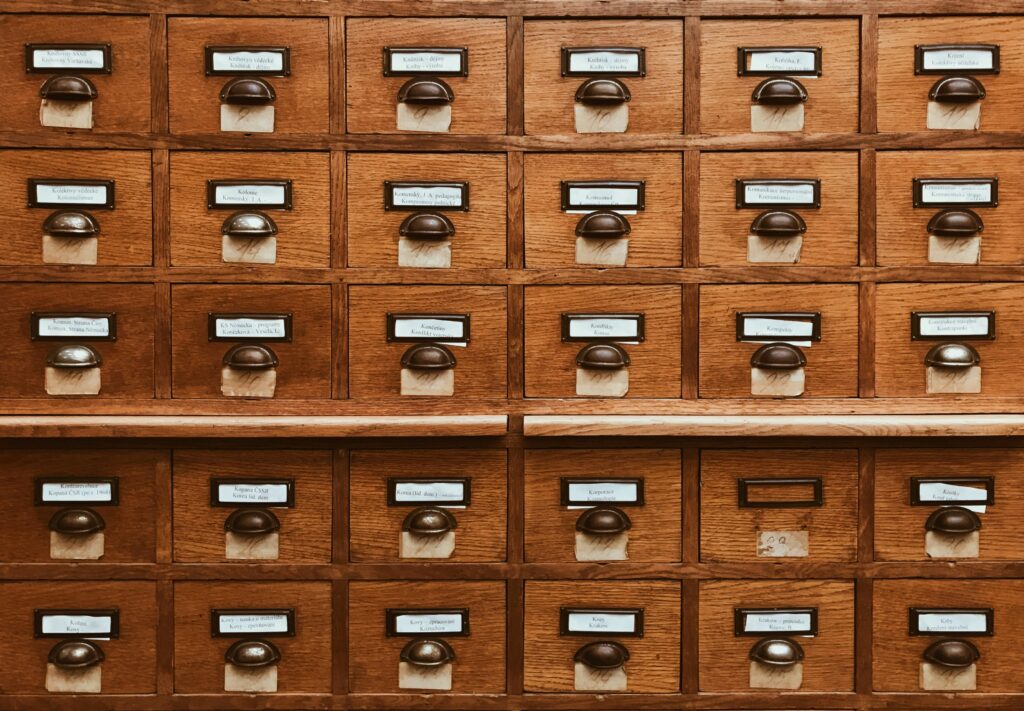 Library card catalog drawers