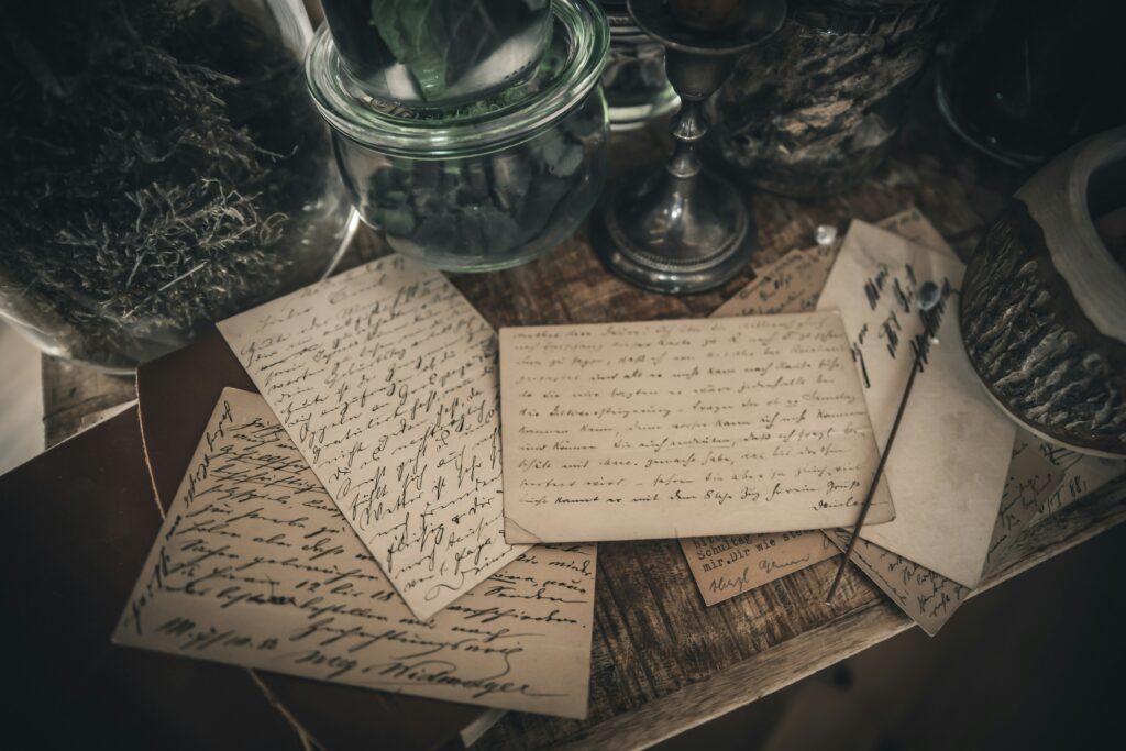 Old handwritten letters on a wooden table