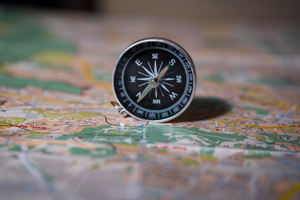 Compass placed on a map